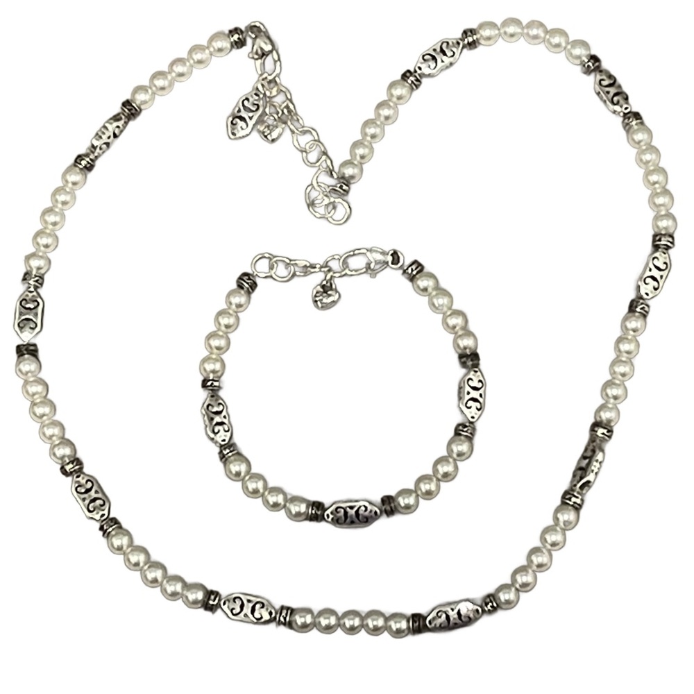 BRIGHTON Geneva Faux Pearls & Silver Plate Filigree Necklace & Bracelet Set